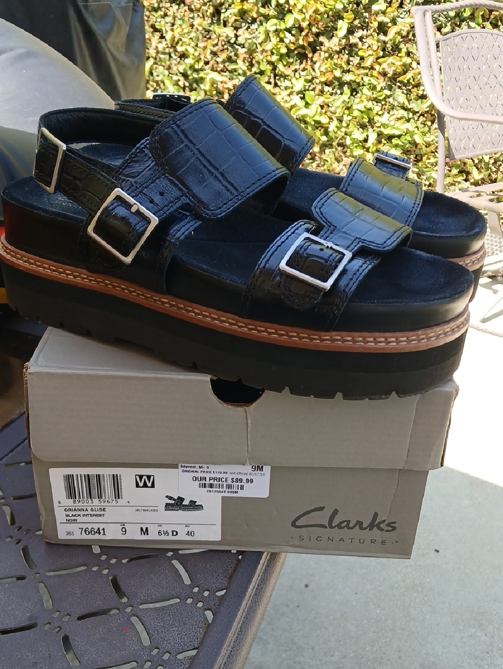 Clarks Black Croc-Embossed Platform Buckle Sandals